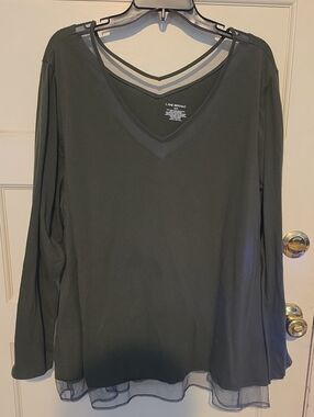 Lane Bryant Black Long Sleeve V-Neck Top with Sheer Trim Detail